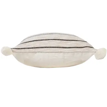20" Beige And Black Jute Striped Throw Pillow with Pompoms