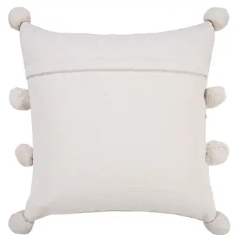 20" Beige And Black Jute Striped Throw Pillow with Pompoms