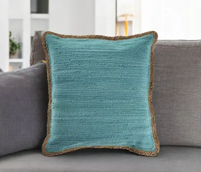 20" Turquoise And Tan Cotton Color Block Throw Pillow