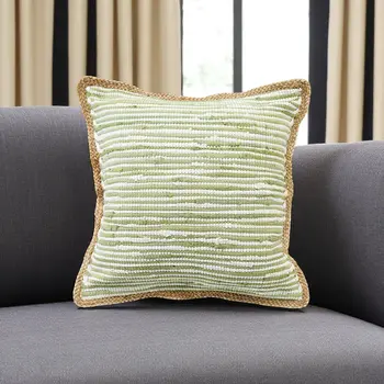 20" Green White And Natural Striped Cotton And Jute Throw Pillow