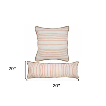20" X 20" Coral Pink White And Tan 100% Cotton Striped Zippered Pillow