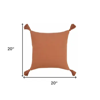 20" X 20" Orange Cotton Zippered Pillow With Tassels