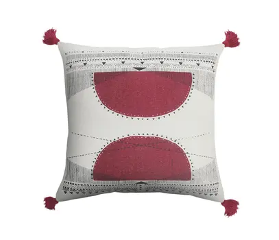 20" Black White And Burgundy Cotton Geometric Throw Pillow with Tassels