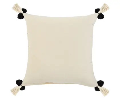 20" Black Gray And Cream Cotton Geometric Throw Pillow with Pompoms