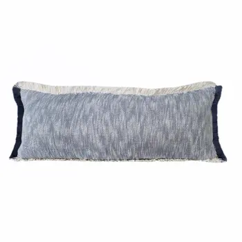 14" X 36" Navy Blue And White Cotton Linen Throw Pillow with Fringe