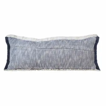 14" X 36" Navy Blue And White Cotton Linen Throw Pillow with Fringe