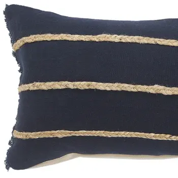 14" X 36" Navy Blue And Tan Cotton Striped Throw Pillow with Fringe