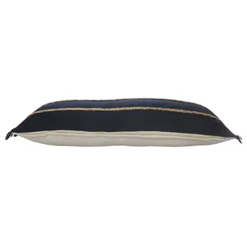 14" X 36" Navy Blue And Tan Cotton Striped Throw Pillow with Fringe