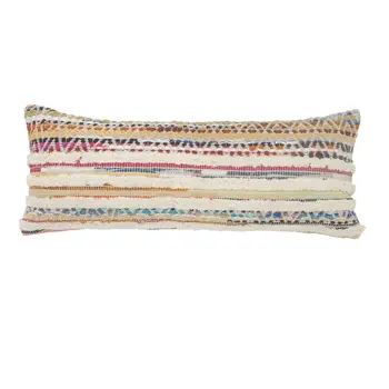 14" X 36" Off White Red And Blue Cotton Striped Throw Pillow