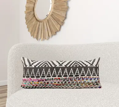 14" X 36" Off-White Black Red Blue Orange And Green 100% Cotton Geometric Zippered Pillow