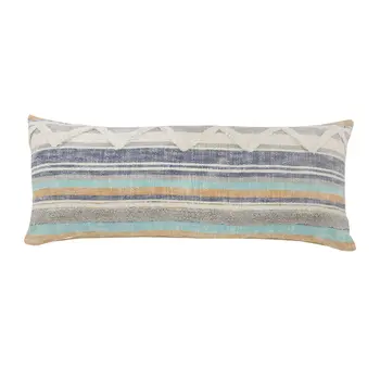 14" X 36" Off White Blue And Orange Cotton Striped Throw Pillow