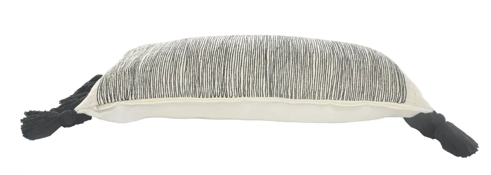 12" X 28" Gray Ivory And Black Cotton Wavy Stripe Throw Pillow with Fringe