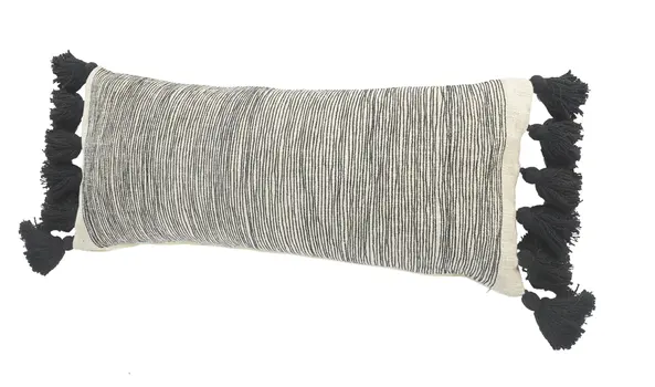 12" X 28" Gray Ivory And Black Cotton Wavy Stripe Throw Pillow with Fringe