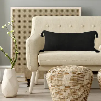 14" X 36" Black Cotton Throw Pillow with Tassels