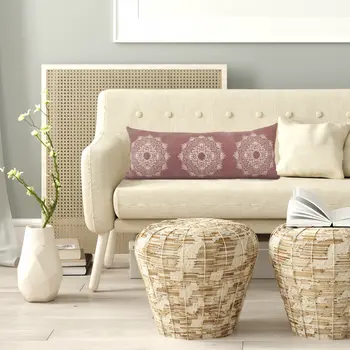 14" X 36" Dusty Rose And White Cotton Medallion Throw Pillow