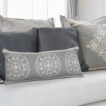 14" X 36" Gray And White Cotton Medallion Throw Pillow