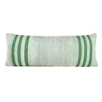 14" X 36" Green And White 100% Cotton Geometric Zippered Pillow