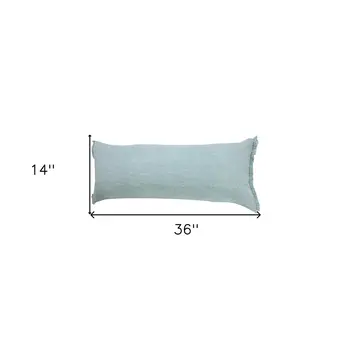 14" X 36" Light Blue Cotton Lumbar Throw Pillow With Fringe