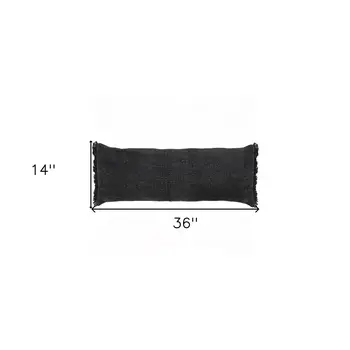 14" X 36" Black Stonewashed Cotton Throw Pillow With Fringe
