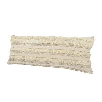 14" X 36" Cream Gray And Tan Cotton Striped Throw Pillow