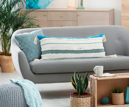 14" X 36" Blue And Off-White 100% Cotton Striped Zippered Pillow