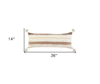 14" X 36" Brown Peach And Tan Cotton Striped Throw Pillow