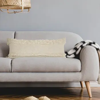 14" X 36" Cream Cotton Throw Pillow with Fringe
