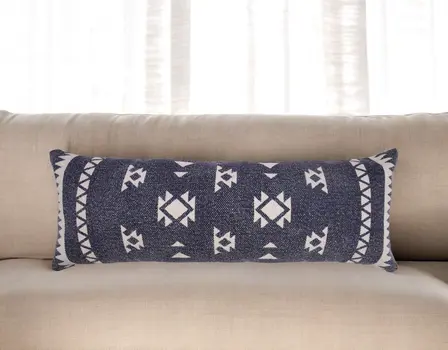 14" X 36" Navy Blue And White Cotton Geometric Throw Pillow