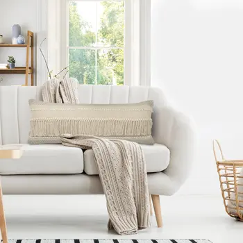 14" X 36" Beige And Gray Cotton Chevron Throw Pillow