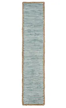 80" Aqua Off White And Natural Striped Cotton And Jute Table Runner