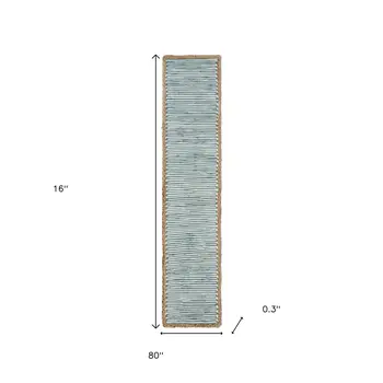 80" Aqua Off White And Natural Striped Cotton And Jute Table Runner