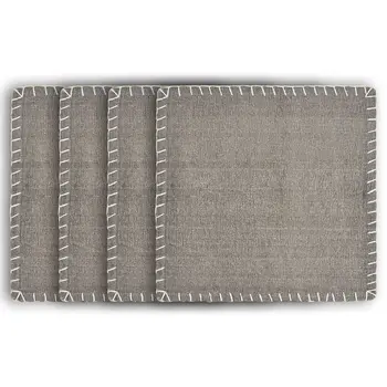 15" Set of Four Gray And Natural Embroidered Edged Cotton Square Placemats