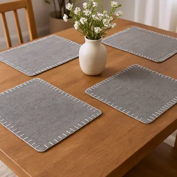 15" Set of Four Gray And Natural Embroidered Edged Cotton Square Placemats