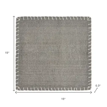 15" Set of Four Gray And Natural Embroidered Edged Cotton Square Placemats