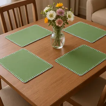 15" Set of Four Natural And Olive Green Embroidered Edge Cotton Square Placemats