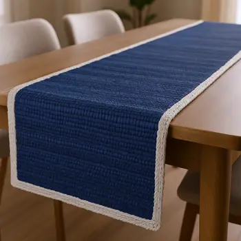80" Navy Blue And Natural Solid With Border Cotton Table Runner