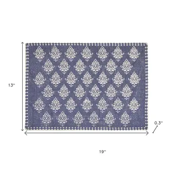 19" Set of Four Blue And Cream Geometric Medallion Cotton Placemats