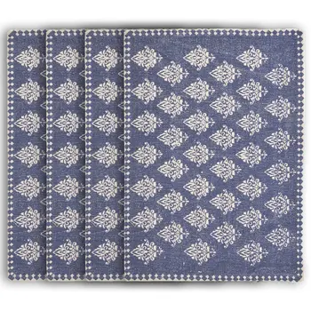 19" Set of Four Blue And Cream Geometric Medallion Cotton Placemats