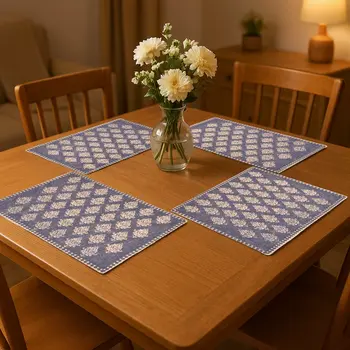 19" Set of Four Blue And Cream Geometric Medallion Cotton Placemats