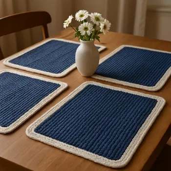 19" Set of Four Navy Blue And Natural Solid With Border Cotton Placemats