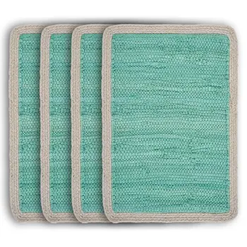 19" Set of Four Turquoise and Natural Solid With Border Cotton Placemats