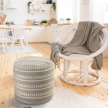 20" Brown Polyester Round Striped Indoor Outdoor Pouf Ottoman