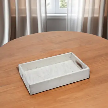16" White Rectangular Marble Serving Tray With Handles