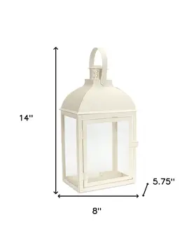 Set of Three Ivory Distressed Glass And Metal Floor Lantern Candle Holders
