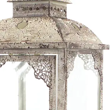 Set of Two Beige Distressed Ornate Glass And Metal Floor Lantern Candle Holders