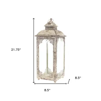 Set of Two Beige Distressed Ornate Glass And Metal Floor Lantern Candle Holders