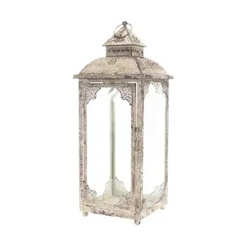 Set of Two Beige Distressed Ornate Glass And Metal Floor Lantern Candle Holders