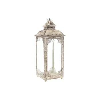 Set of Two Beige Distressed Ornate Glass And Metal Floor Lantern Candle Holders