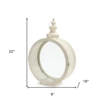 22" Ivory Distressed Ornate Glass And Metal Centerpiece Lantern Candle Holder