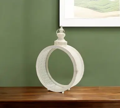 22" Ivory Distressed Ornate Glass And Metal Centerpiece Lantern Candle Holder